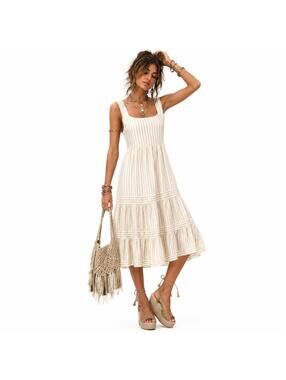 Linda Anderson Small. Boho Midi Dress Gold Stripe Festival.